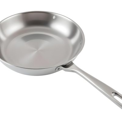 A Stainless Steel Frying Pan With A Long Handle Shiny Surface And A Hole At The End Of The Handle Isolated On White Background 25 586c