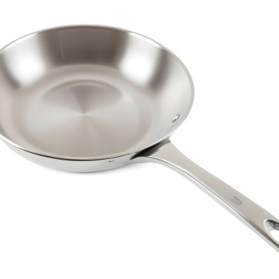 A Stainless Steel Frying Pan With A Long Handle Shiny Surface And A Hole At The End Of The Handle Isolated On White Background 26 2e0e