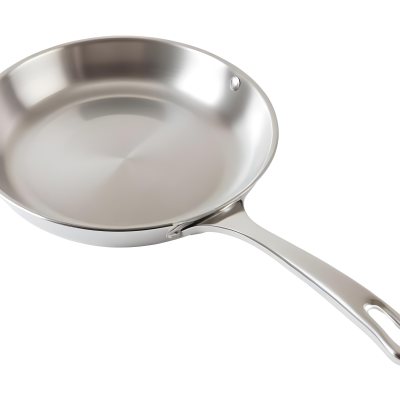 A Stainless Steel Frying Pan With A Long Handle Shiny Surface And A Hole At The End Of The Handle Isolated On White Background 28 7b4c