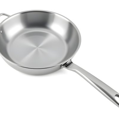 A Stainless Steel Frying Pan With A Long Handle Shiny Surface And A Hole At The End Of The Handle Isolated On White Background 3 3ef3