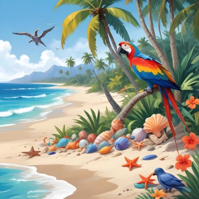 A Tropical Beach Scene With Palm Trees A Monkey Colorful Birds Dolphins And Various Sea Creatures On The Shore Featuring A Desert Oasis Under A Bright Sunny Sky With Gentle Waves In The Background 14 28a9