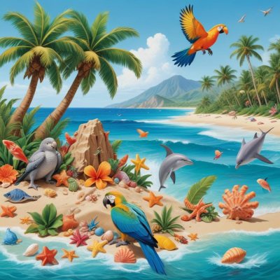 A Tropical Beach Scene With Palm Trees A Monkey Colorful Birds Dolphins And Various Sea Creatures On The Shore Featuring A Desert Oasis Under A Bright Sunny Sky With Gentle Waves In The Background 18 6c94