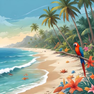 A Tropical Beach Scene With Palm Trees A Monkey Colorful Birds Dolphins And Various Sea Creatures On The Shore Featuring A Desert Oasis Under A Bright Sunny Sky With Gentle Waves In The Background 2 Ed85