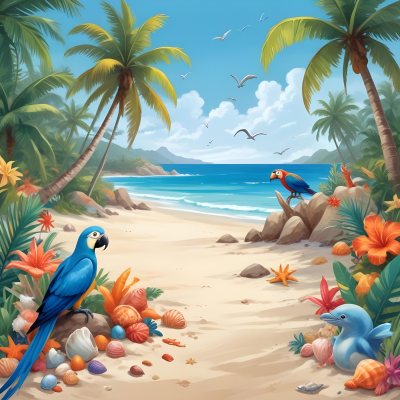 A Tropical Beach Scene With Palm Trees A Monkey Colorful Birds Dolphins And Various Sea Creatures On The Shore Featuring A Desert Oasis Under A Bright Sunny Sky With Gentle Waves In The Background 21 1818