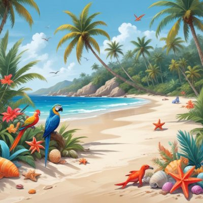 A Tropical Beach Scene With Palm Trees A Monkey Colorful Birds Dolphins And Various Sea Creatures On The Shore Featuring A Desert Oasis Under A Bright Sunny Sky With Gentle Waves In The Background 22 6252