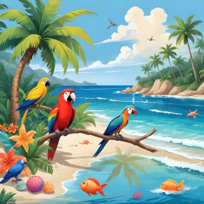 A Tropical Beach Scene With Palm Trees A Monkey Colorful Birds Dolphins And Various Sea Creatures On The Shore Featuring A Desert Oasis Under A Bright Sunny Sky With Gentle Waves In The Background 25 E0a0