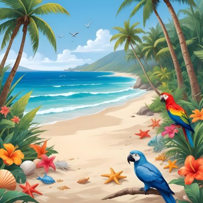 A Tropical Beach Scene With Palm Trees A Monkey Colorful Birds Dolphins And Various Sea Creatures On The Shore Featuring A Desert Oasis Under A Bright Sunny Sky With Gentle Waves In The Background 29 D176