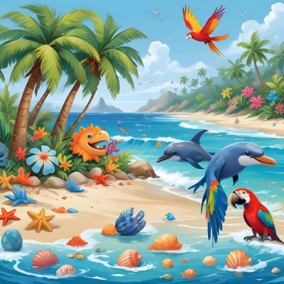 A Tropical Beach Scene With Palm Trees A Monkey Colorful Birds Dolphins And Various Sea Creatures On The Shore Featuring A Desert Oasis Under A Bright Sunny Sky With Gentle Waves In The Background 34 36a7