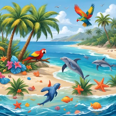 A Tropical Beach Scene With Palm Trees A Monkey Colorful Birds Dolphins And Various Sea Creatures On The Shore Featuring A Desert Oasis Under A Bright Sunny Sky With Gentle Waves In The Background 35 6452