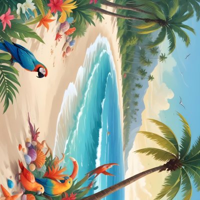 A Tropical Beach Scene With Palm Trees A Monkey Colorful Birds Dolphins And Various Sea Creatures On The Shore Featuring A Desert Oasis Under A Bright Sunny Sky With Gentle Waves In The Background 6 6d8f