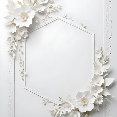 A White And Gold Ornate Frame With Floral Decorations Including White Flowers And Green Leaves Against A Light Blue Background 127 F07a
