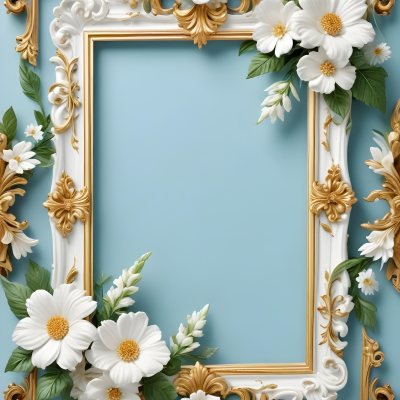 A White And Gold Ornate Frame With Floral Decorations Including White Flowers And Green Leaves Against A Light Blue Background 46 C1f6