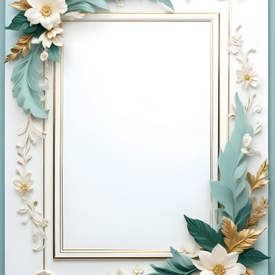 A White And Gold Ornate Frame With Floral Decorations Including White Flowers And Green Leaves Against A Light Blue Background 52 C3cb