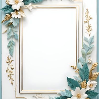 A White And Gold Ornate Frame With Floral Decorations Including White Flowers And Green Leaves Against A Light Blue Background 61 89ac