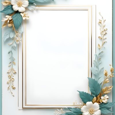 A White And Gold Ornate Frame With Floral Decorations Including White Flowers And Green Leaves Against A Light Blue Background 64 54ab