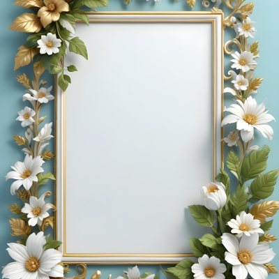 A White And Gold Ornate Frame With Floral Decorations Including White Flowers And Green Leaves Against A Light Blue Background 7 2daf