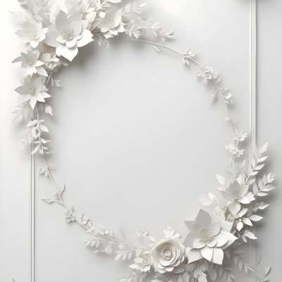 A White And Gold Ornate Frame With Floral Decorations Including White Flowers And Green Leaves Against A Light Blue Background 77 427d