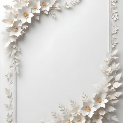 A White And Gold Ornate Frame With Floral Decorations Including White Flowers And Green Leaves Against A Light Blue Background 81 2c0f