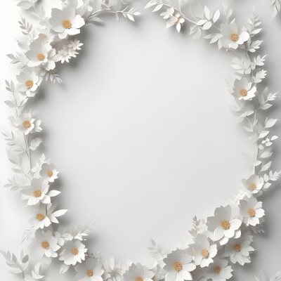 A White And Gold Ornate Frame With Floral Decorations Including White Flowers And Green Leaves Against A Light Blue Background 90 A61c