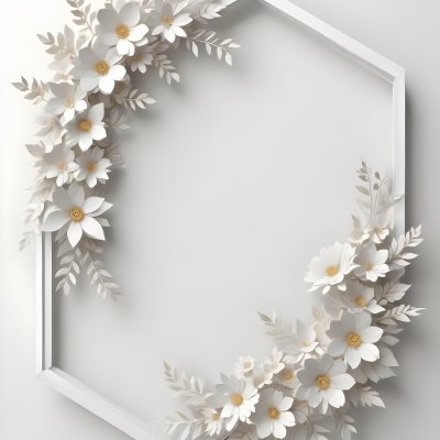 A White And Gold Ornate Frame With Floral Decorations Including White Flowers And Green Leaves Against A Light Blue Background 93 F691