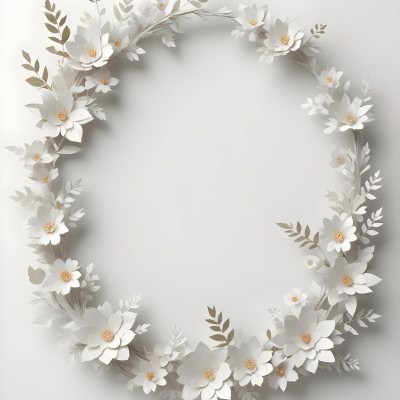 A White And Gold Ornate Frame With Floral Decorations Including White Flowers And Green Leaves Against A Light Blue Background 95 6e39