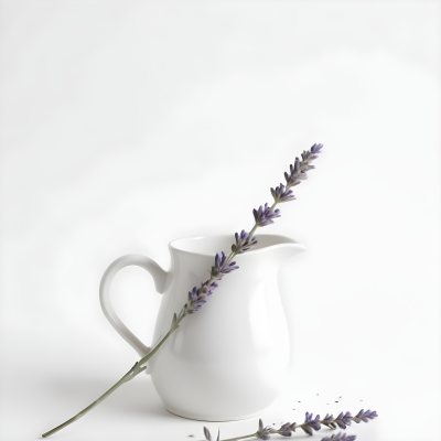 A White Ceramic Pitcher With A Sprig Of Lavender In It Another Sprig Of Lavender Is Lying On The White Surface 12 A371