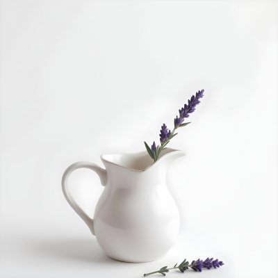A White Ceramic Pitcher With A Sprig Of Lavender In It Another Sprig Of Lavender Is Lying On The White Surface 15 B379