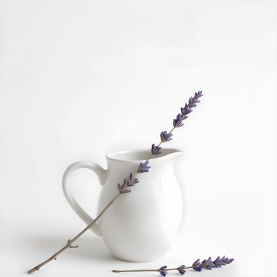 A White Ceramic Pitcher With A Sprig Of Lavender In It Another Sprig Of Lavender Is Lying On The White Surface 2 Cbae