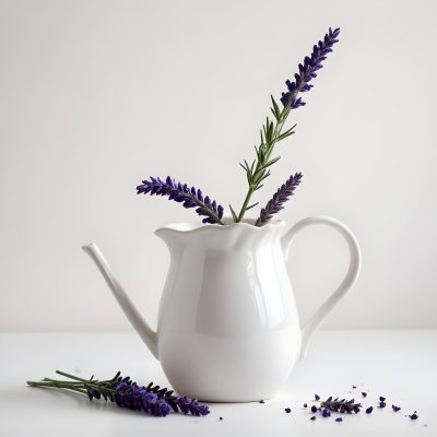 A White Ceramic Pitcher With A Sprig Of Lavender In It Another Sprig Of Lavender Is Lying On The White Surface 20 B896