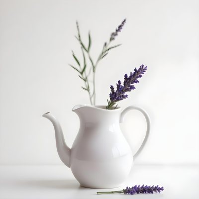 A White Ceramic Pitcher With A Sprig Of Lavender In It Another Sprig Of Lavender Is Lying On The White Surface 25 B0f0