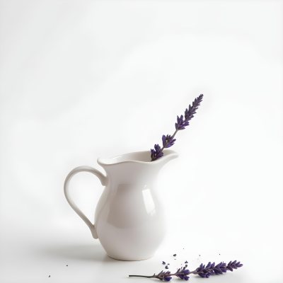 A White Ceramic Pitcher With A Sprig Of Lavender In It Another Sprig Of Lavender Is Lying On The White Surface 3 1a25