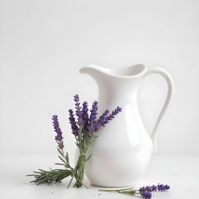A White Ceramic Pitcher With A Sprig Of Lavender In It Another Sprig Of Lavender Is Lying On The White Surface 4 8da7