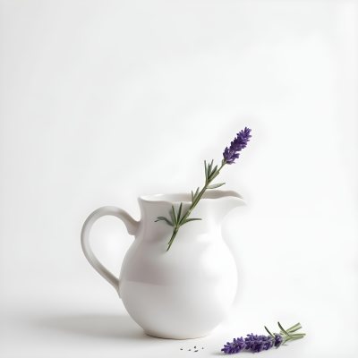 A White Ceramic Pitcher With A Sprig Of Lavender In It Another Sprig Of Lavender Is Lying On The White Surface 8 6d82