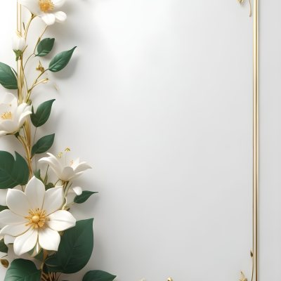 A White Flower With Green Leaves And Golden Stems On A Light Background With A Golden Frame 46 B959
