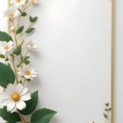 A White Flower With Green Leaves And Golden Stems On A Light Background With A Golden Frame 49 9275