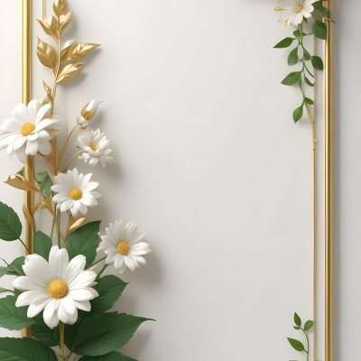 A White Flower With Green Leaves And Golden Stems On A Light Background With A Golden Frame 50 22c6