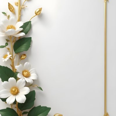 A White Flower With Green Leaves And Golden Stems On A Light Background With A Golden Frame 61 238e