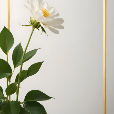 A White Flower With Green Leaves And Golden Stems On A Light Background With A Golden Frame 7 Fa73