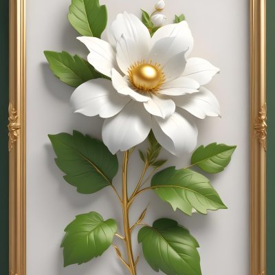 A White Flower With Green Leaves And Golden Stems On A Light Background With A Golden Frame 72 F0d2
