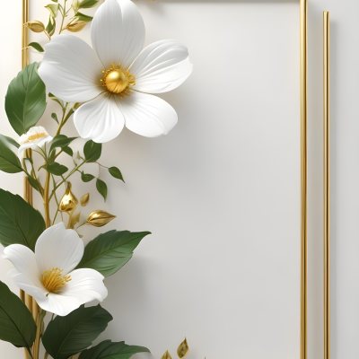 A White Flower With Green Leaves And Golden Stems On A Light Background With A Golden Frame 77 Bfef