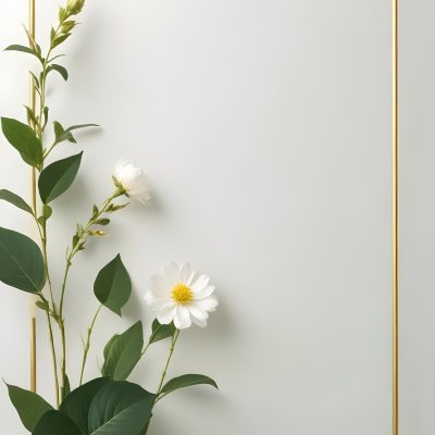 A White Flower With Green Leaves And Golden Stems On A Light Background With A Golden Frame 8 Ca85