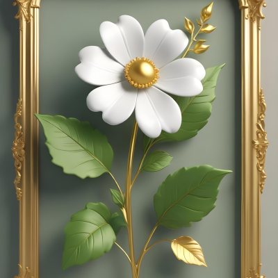 A White Flower With Green Leaves And Golden Stems On A Light Background With A Golden Frame 82 7e7f