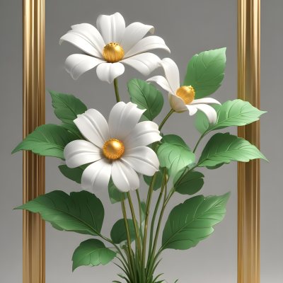 A White Flower With Green Leaves And Golden Stems On A Light Background With A Golden Frame 83 D910