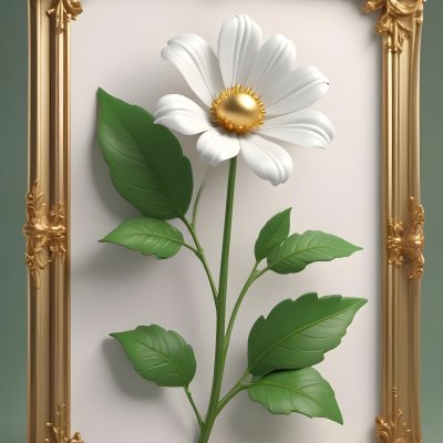 A White Flower With Green Leaves And Golden Stems On A Light Background With A Golden Frame 84 Ae17