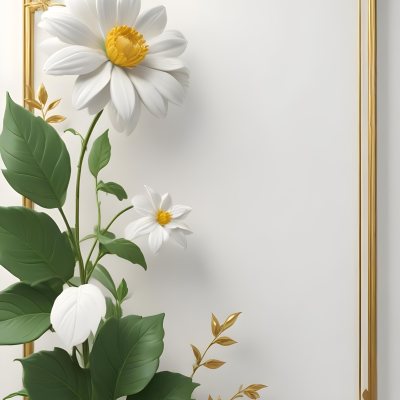 A White Flower With Green Leaves And Golden Stems On A Light Background With A Golden Frame 85 973a