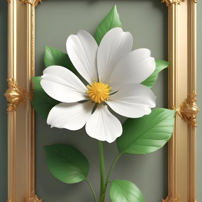 A White Flower With Green Leaves And Golden Stems On A Light Background With A Golden Frame 89 7f7a