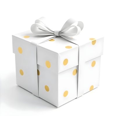 A White Gift Box With Golden Polka Dots And A White Ribbon Isolated On A White Background 2 Fac5