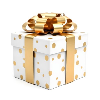 A White Gift Box With Golden Polka Dots And A White Ribbon Isolated On A White Background 7 8482
