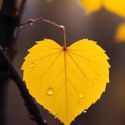 A Yellow Heart Shaped Leaf With Water Droplets On A Blurred Autumn Background 11 54fe