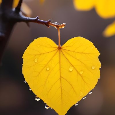 A Yellow Heart Shaped Leaf With Water Droplets On A Blurred Autumn Background 12 78d9